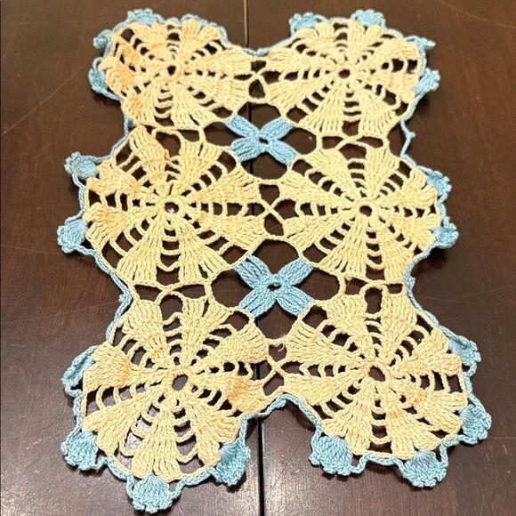 Crochet Doily with Blue and Cream Accents - Picture 1 of 3